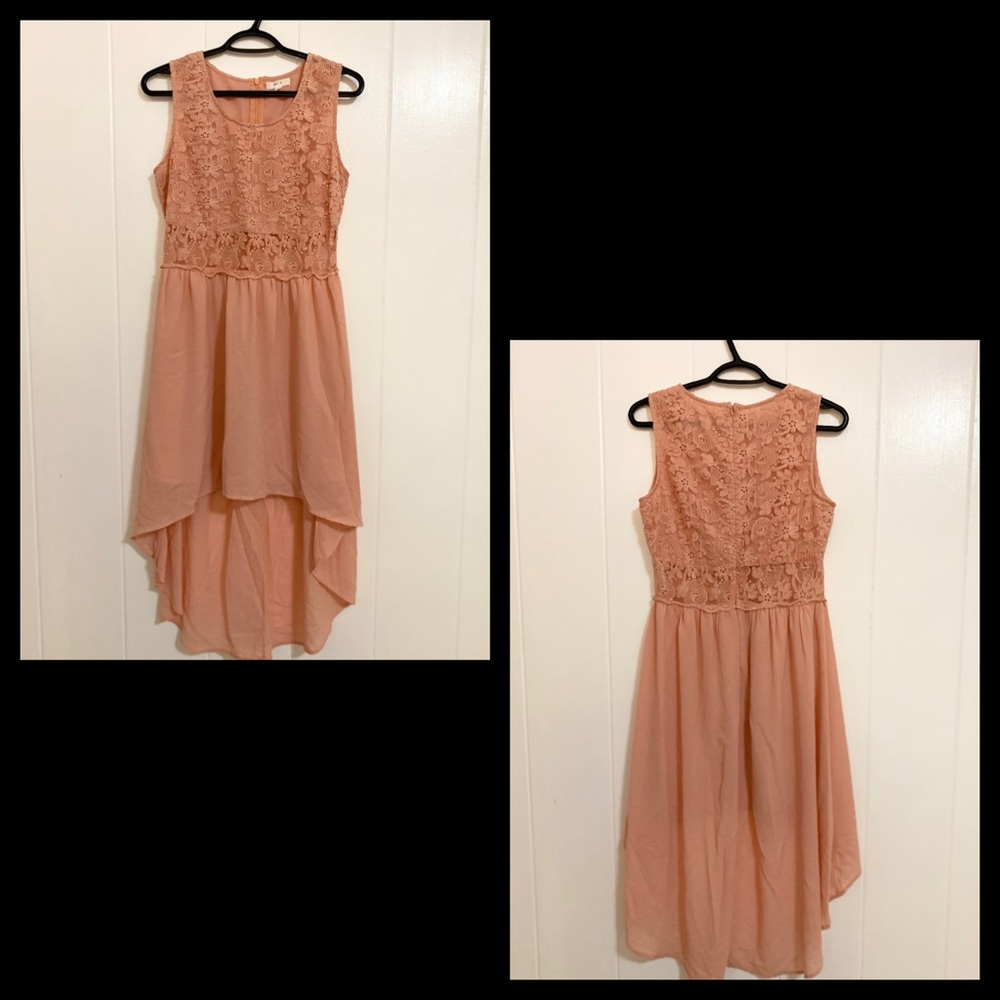 Peach lace overlay top with high-low skirt dress